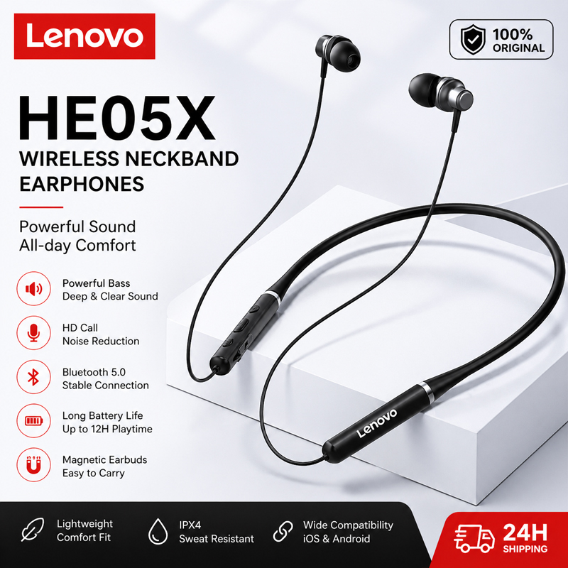 Magnetic Neckband Sports Earphones - سماعات أذن لينوفو HE05X الأصلية 100%