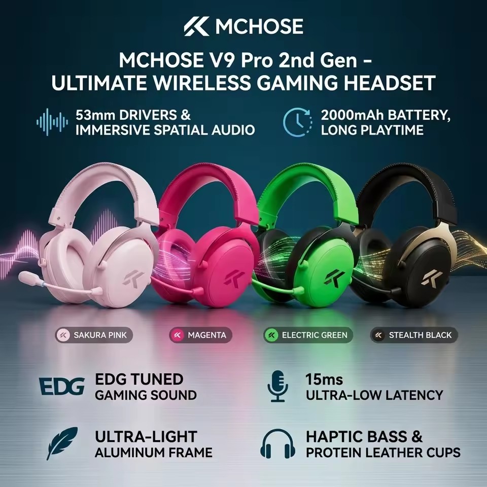 سماعة ألعاب لاسلكية MCHOSE V9  - مراجعة Anc Wireless Over Ear Headphones وسعره